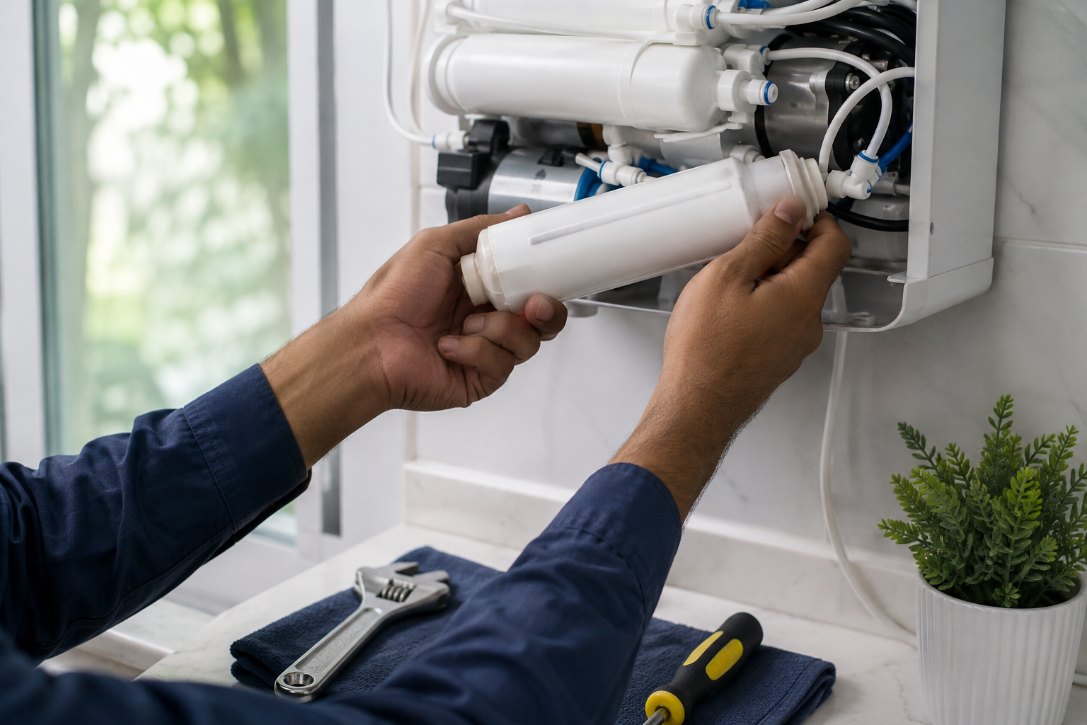 Technician inspecting a compatible filter inside a domestic RO purifier